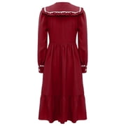 Aislor Pioneer Girls Colonial Prairie Costume 1800s Victorian Long Sleeve Ruffle Dress Burgundy 16