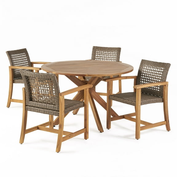 GDF Studio Blaine Outdoor Acacia Wood and Wicker 5 Piece Dining Set, Teak and Mixed Mocha