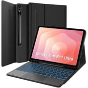 Black Leather Magnetic Detachable Keyboard Folio with S Pen Slot, 7-Color Backlit Trackpad & Auto Sleep/Wake for 14.6-inch Galaxy Tab S11 Ultra 2025 (SM-X930/SM-X936B)