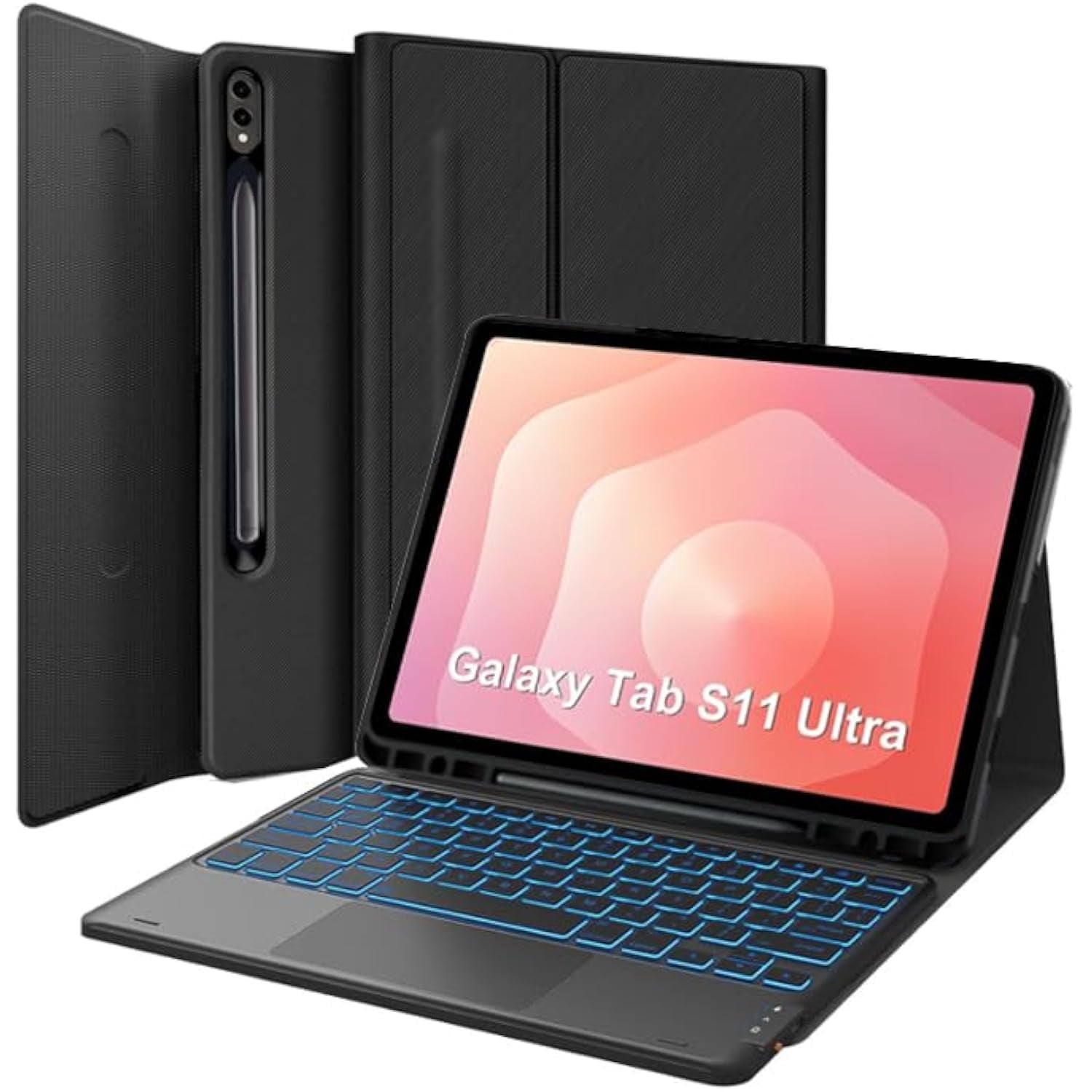 Black Leather Magnetic Detachable Keyboard Folio with S Pen Slot, 7-Color Backlit Trackpad & Auto Sleep/Wake for 14.6-inch Galaxy Tab S11 Ultra 2025 (SM-X930/SM-X936B)