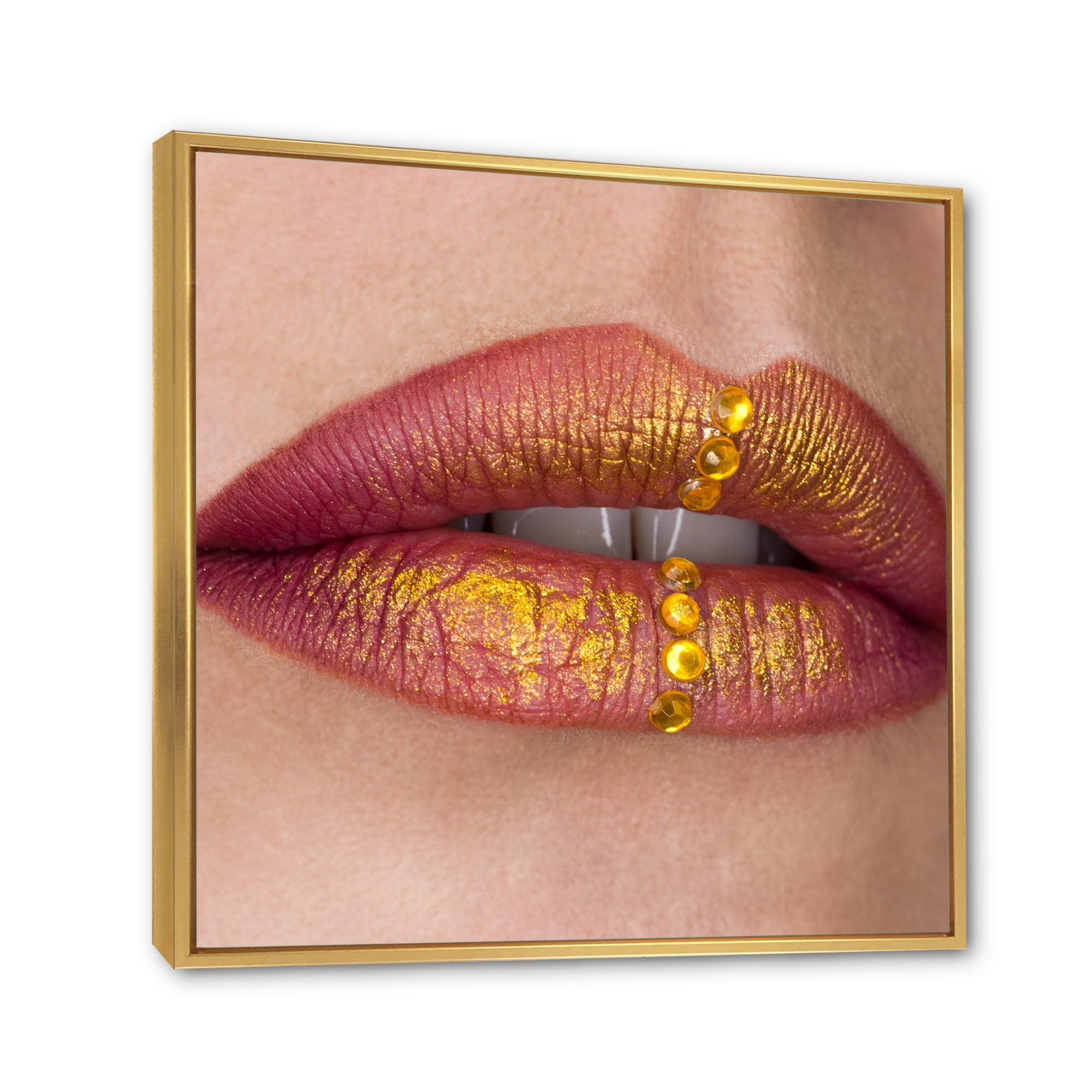 Designart 'Woman Lips Close-Up With Red Lipstick, Gold Paint' Modern Framed Canvas Wall Art Print