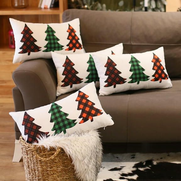 Christmas Tree Decorative Throw Pillow Set of 4 Lumbar 12 in. x 20 in. White & Red for Couch, Bedding