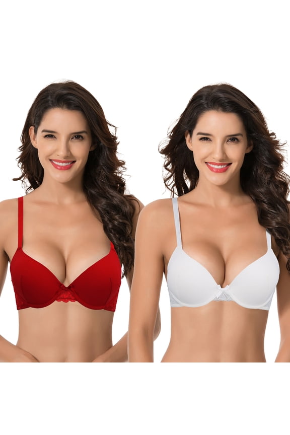 Womens Plus Size Push Up Add 1 Cup Underwire Perfect Shape Tshirt Bra-2PK-WHITE,RED-32B