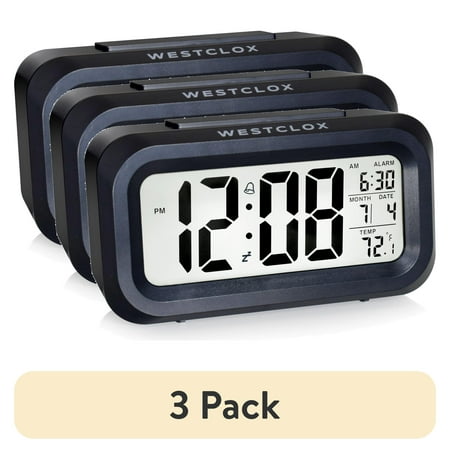 (3 pack) Westclox Black Digital Alarm Clock with Day/Date Display and LED Backlight- Battery Operated