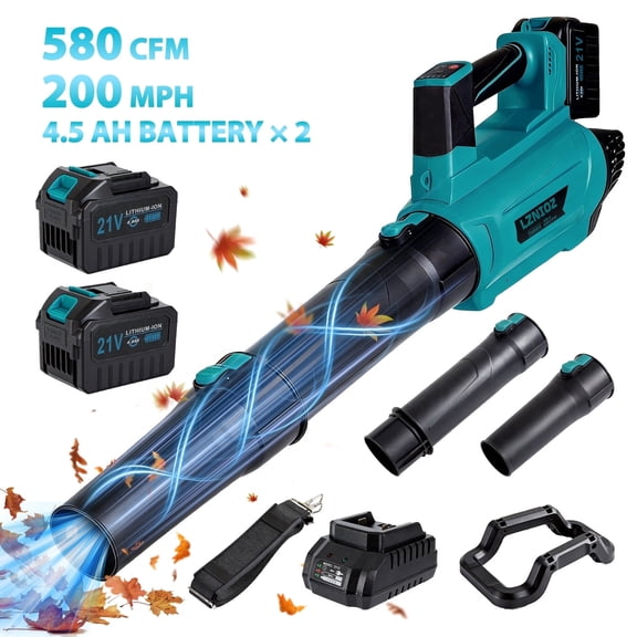 LZNIOZ 21V Cordless Leaf Blower 580 CFM 200 mph with 2 Batteries 6-Speed Handheld Blower, Blue
