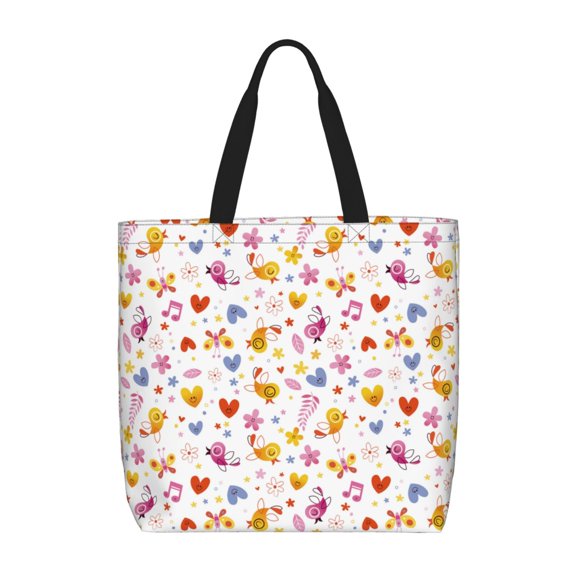 Honeii Cartoon Birds & Flowers Print Tote Bag, Reusable Grocery Shopping Bag,Shoulder Bag with Inner Pocket