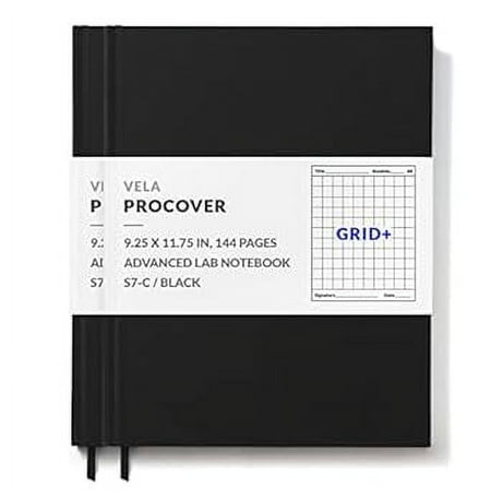Vela Sciences S7 Expanded ProCover Lab Notebook, 9.25 x 11.75 in (23.5 x 30 cm), 144 Pages, Black Synthetic Leather, Permanent Bound, 70lb Heavyweight Paper (Grid+)