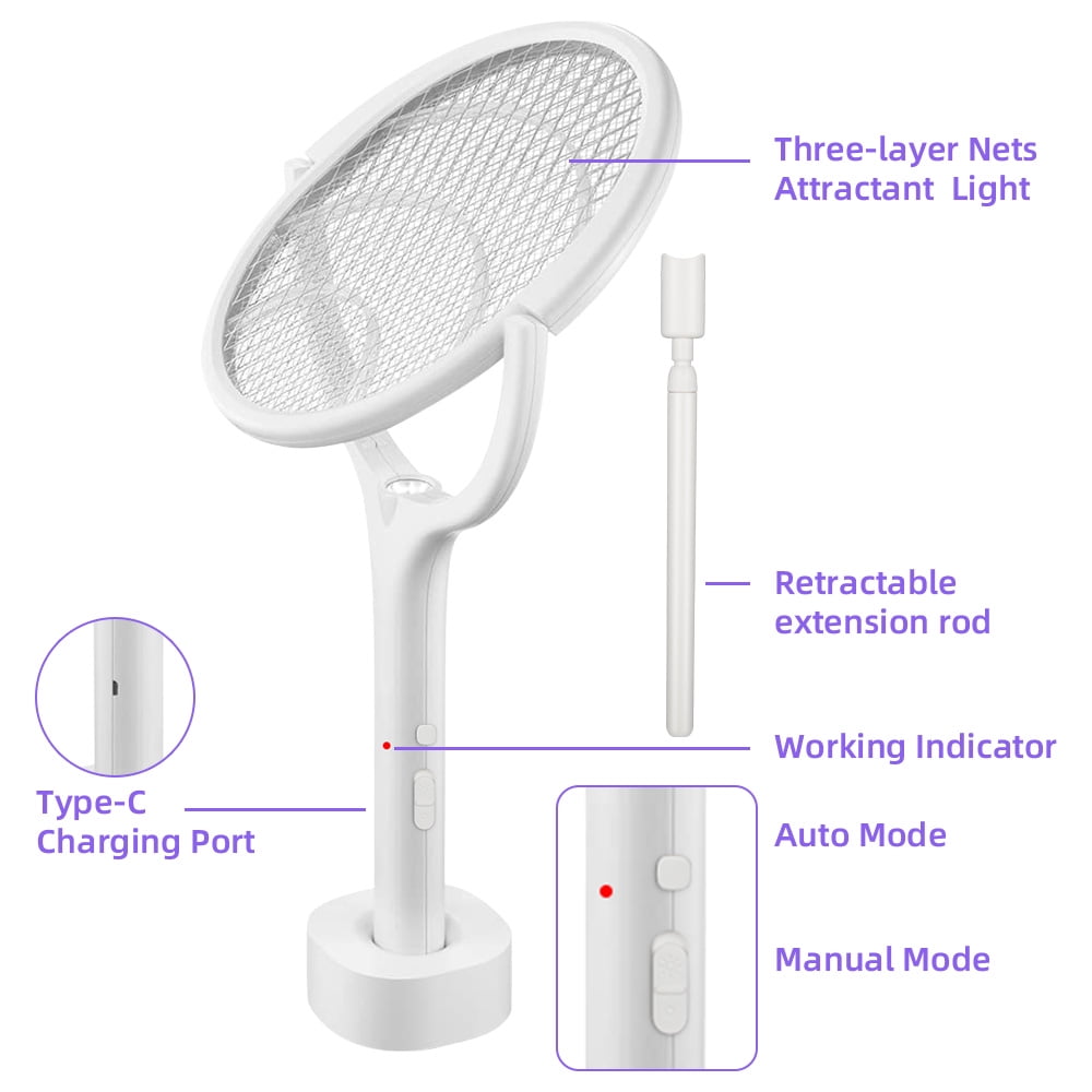 JahyShow Electric Fly Swatter, Indoor Bug & Mosquito Zapper Racket with USB Rechargeable, Rotating Head and Telescopic Wand, Effective Fruit Fly, Spider, Gnat & Wasp Killer