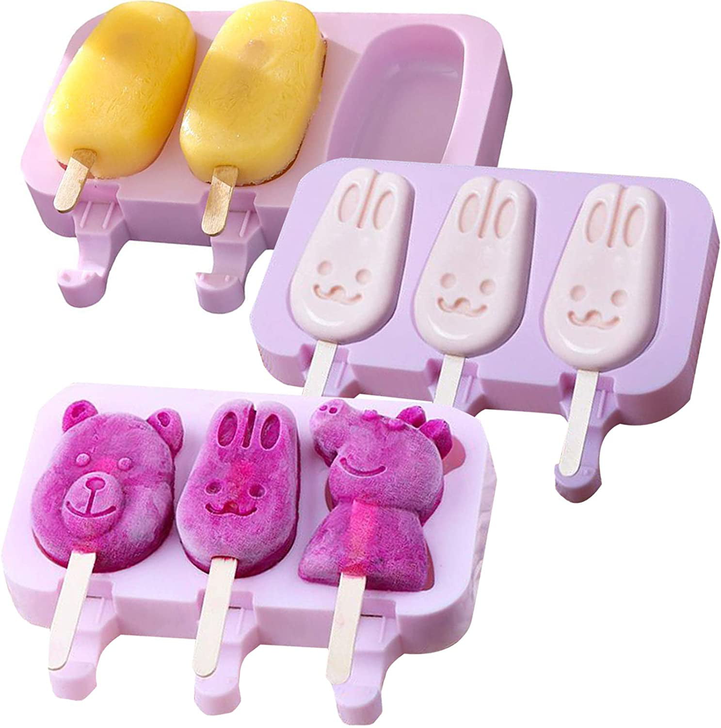 4-holes Silicone Popsicle Mold Ice Cream Mould with Wooden Sticks Summer DIY Y 