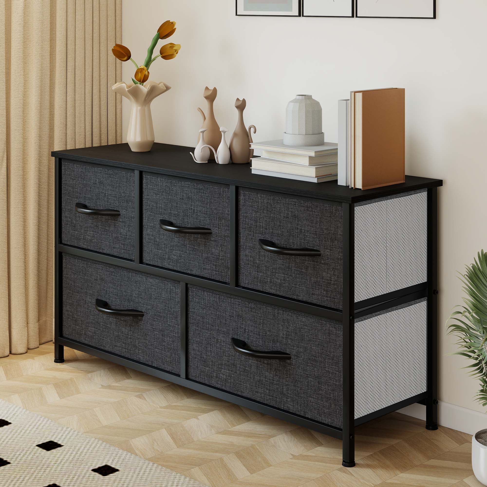 Uforic 5 Drawer Dresser Fabric, Wide Chest Of Drawers With Wood Top for Living Room,,Hallway,Nursery,Black