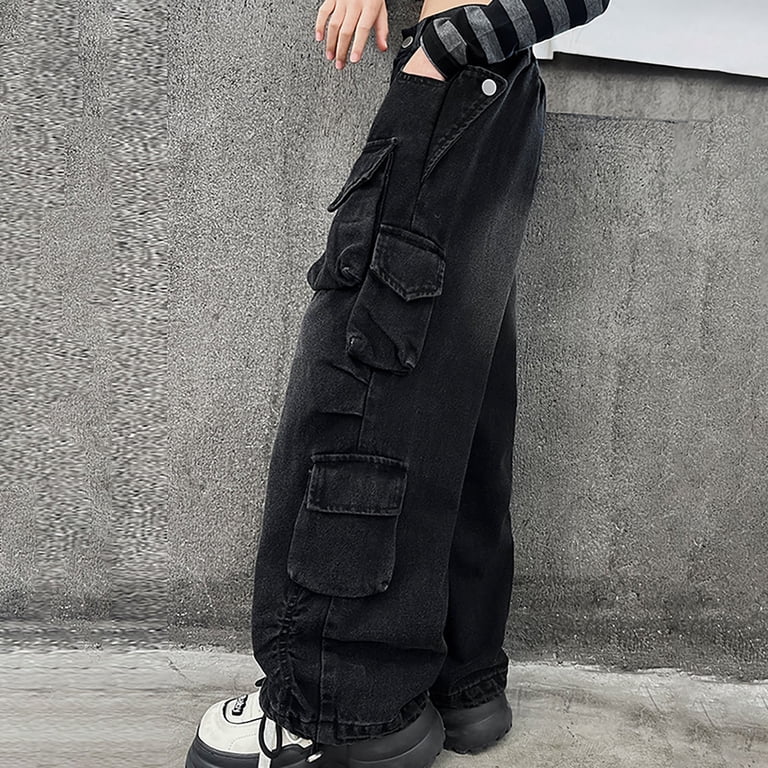 Hessimy Girls Jeans Denim Elastic High Waisted Wide Leg Baggy