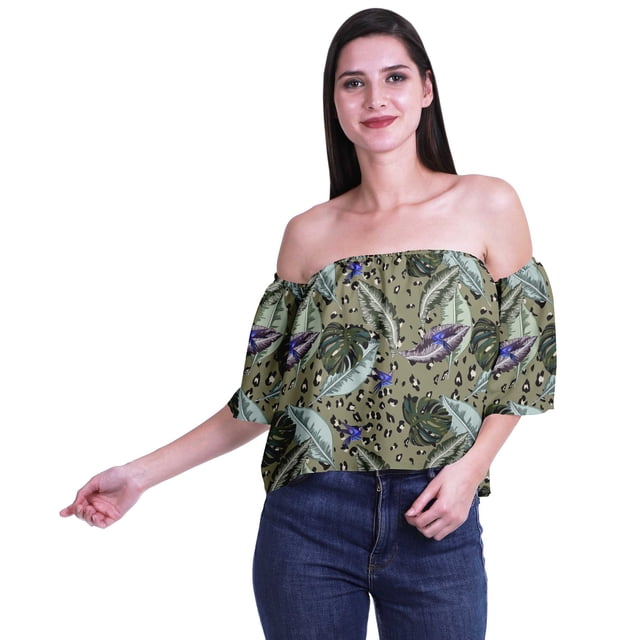 Moomaya Haut Court Imprimé pour Femmes à Épaules Dénudées, Manches à Volants, Vêtement d'Été, Blouse Bohème