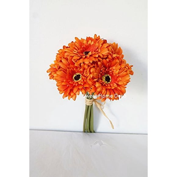 Sweet Home Deco 13'' Silk Artificial Gerbera Daisy Flower Bunch (W/ 7stems, 7 Flower Heads) Home/Wedding (Orange)