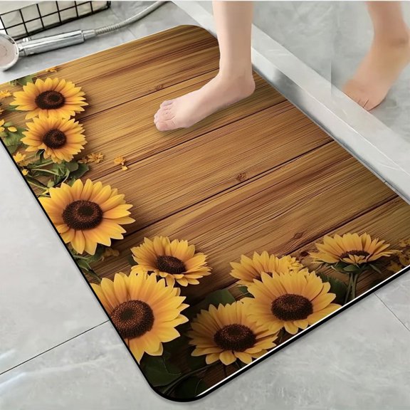 1pc Sunflowers on Wooden Bathroom Rug Bathroom Decor and Accessories - Durable,Anti Slip,And Quick Drying,Suitable For Indoor/Outdoor Use - Perfect For Bathrooms,Bedrooms,Kitchens,Laundry Rooms