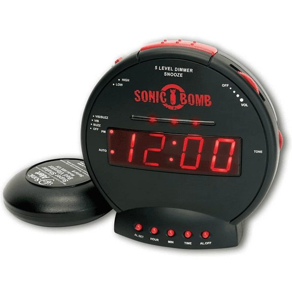 Sonic Bomb Dual Extra Loud Alarm Clock with Bed Shaker, Black | Vibrating, Heavy Sleepers, Battery Backup | Wake with a Shake