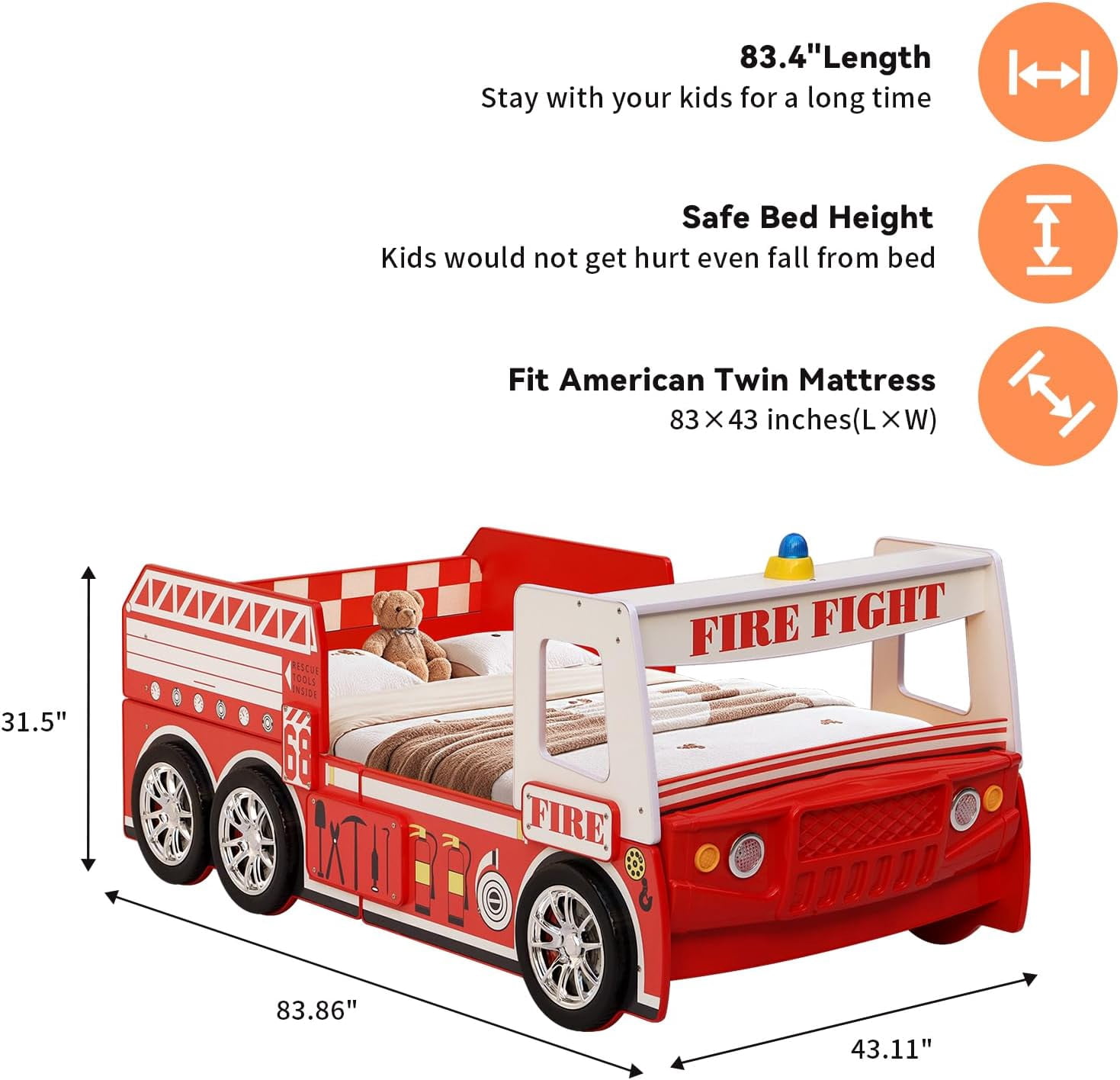 WAWOKV Twin Size Car Bed for Kids, Fire Truck-Shaped Wooden Platform Bed Frame with LED Lights, Headboard Wheels and Support Slats for Boys Toddlers Child's Bedroom (Red)
