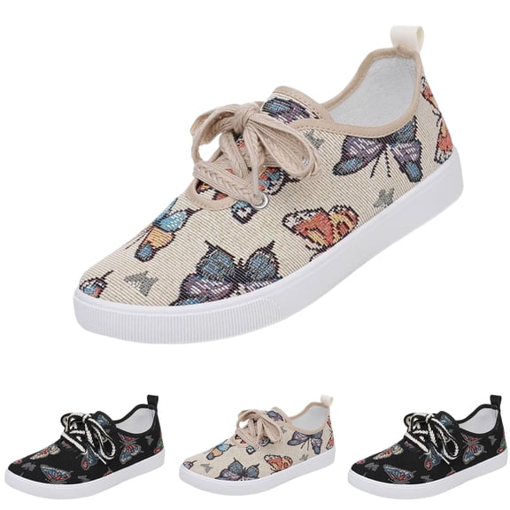 Butterfly Pattern Canvas Board Sneakers For Women Lace Up Low Top Casual Walking Shoes
