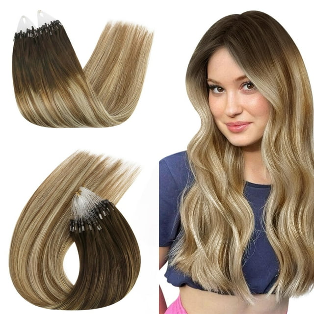 Extensiones de cabello Ugeat Balayage Micro Loop, extensiones de cabello con microcuentas de color marrón oscuro, cabello humano real, mezcla rubia para agregar longitud y volumen para 20 pulgadas más