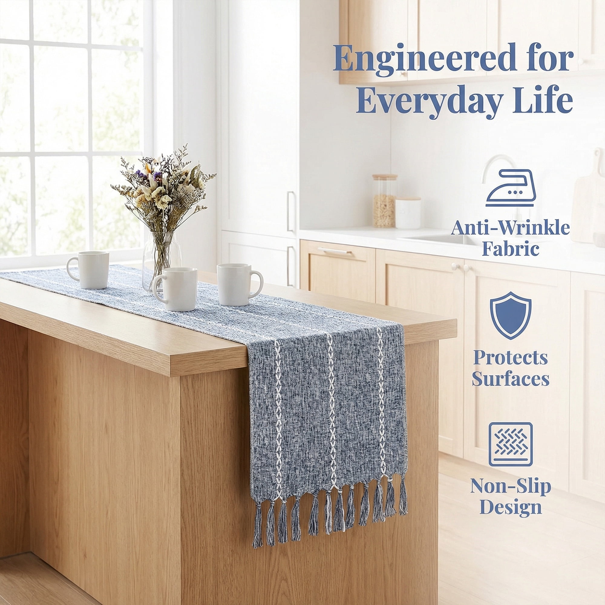Unique Bargains Washable Polyester Kitchen Runner with Tassel for Dining Blue 13"x89.8"