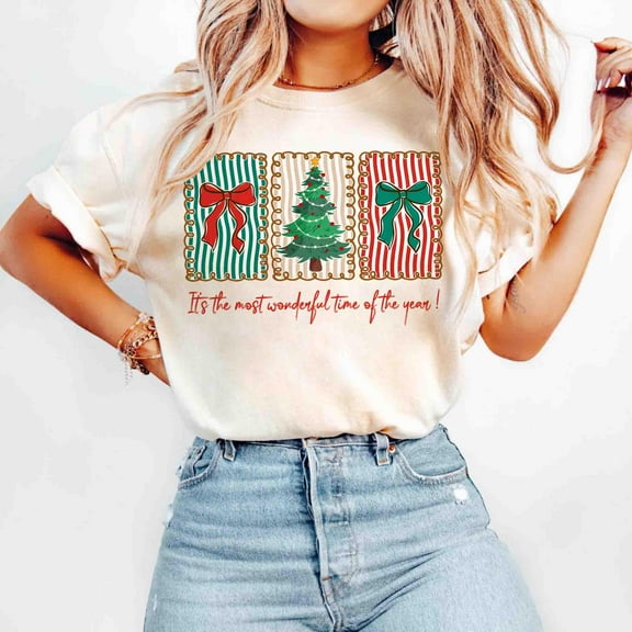 It’s the Most Wonderful Time of the Year Graphic Print T-Shirt | Christmas Tree & Bow Design | Holiday Beige Tee