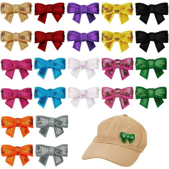 24 PCS 12 Colors Mini Bow Sequin 1.77x1.22x0.21inch Sew on Bow Patches Shiny Small Bow Applique Embroidered Patches Leather Bowknot Sequin for Clothing Bags Jackets Jeans DIY