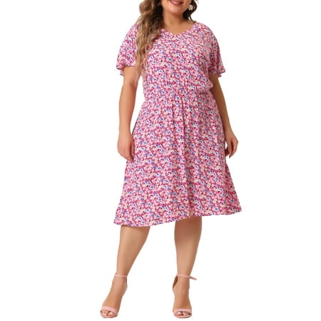 Agnes Orinda Plus Size Dress for Women V Neck Flare Sleeve Floral Peplum Ruffle Dress 3X Dark Pink