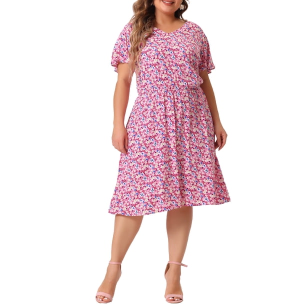 GRACE & GRANDEUR Vestido de Verano Midi para Mujeres Talla Grande con Mangas Cortas de Volantes y Estampado Floral 2X Rosa Oscuro