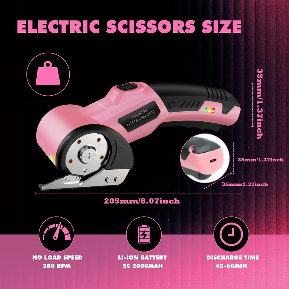 XMZHOU Cordless Electric Scissors Cardboard Box Cutter with LED Light ＆ Safety Lock Power Rotary Cutter for Fabric Carpet Leather, Pink