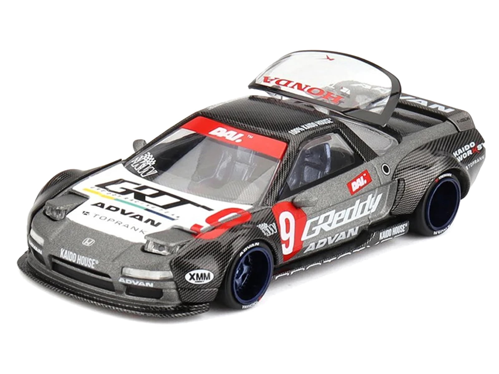 Honda NSX "Kaido Test Car Spec V1" #9 Gray Metallic with Carbon Top and Graphics "Kaido House" 1/64 Diecast Model Car by Mini GT