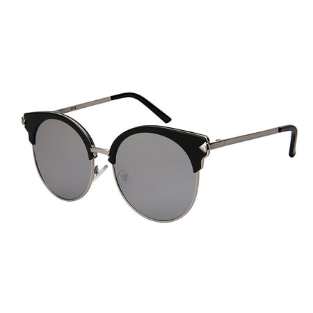 Edge I-Wear Retro Horn Rimmed Cat Eye Round Semi Rimless Women Sunglasses Flat Full Mirror LensW/Fiber Case 3319-FLREV-1