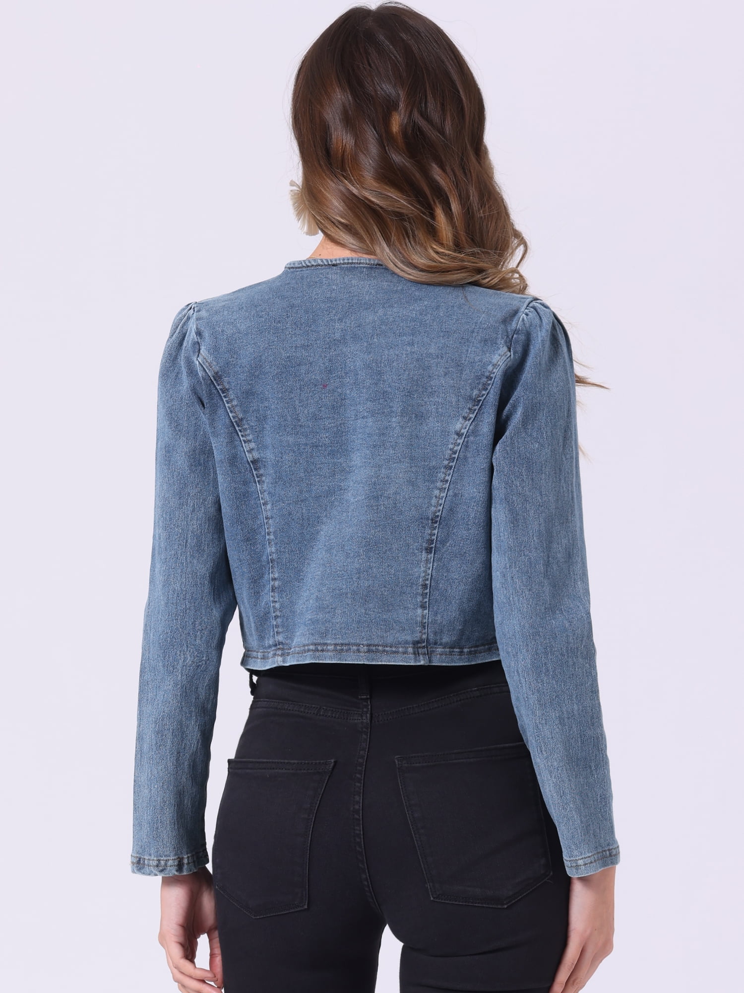 DARING DIVA Women's Denim Cropped Jacket Open Front Collarless Bolero Shrug XS Dusty Blue