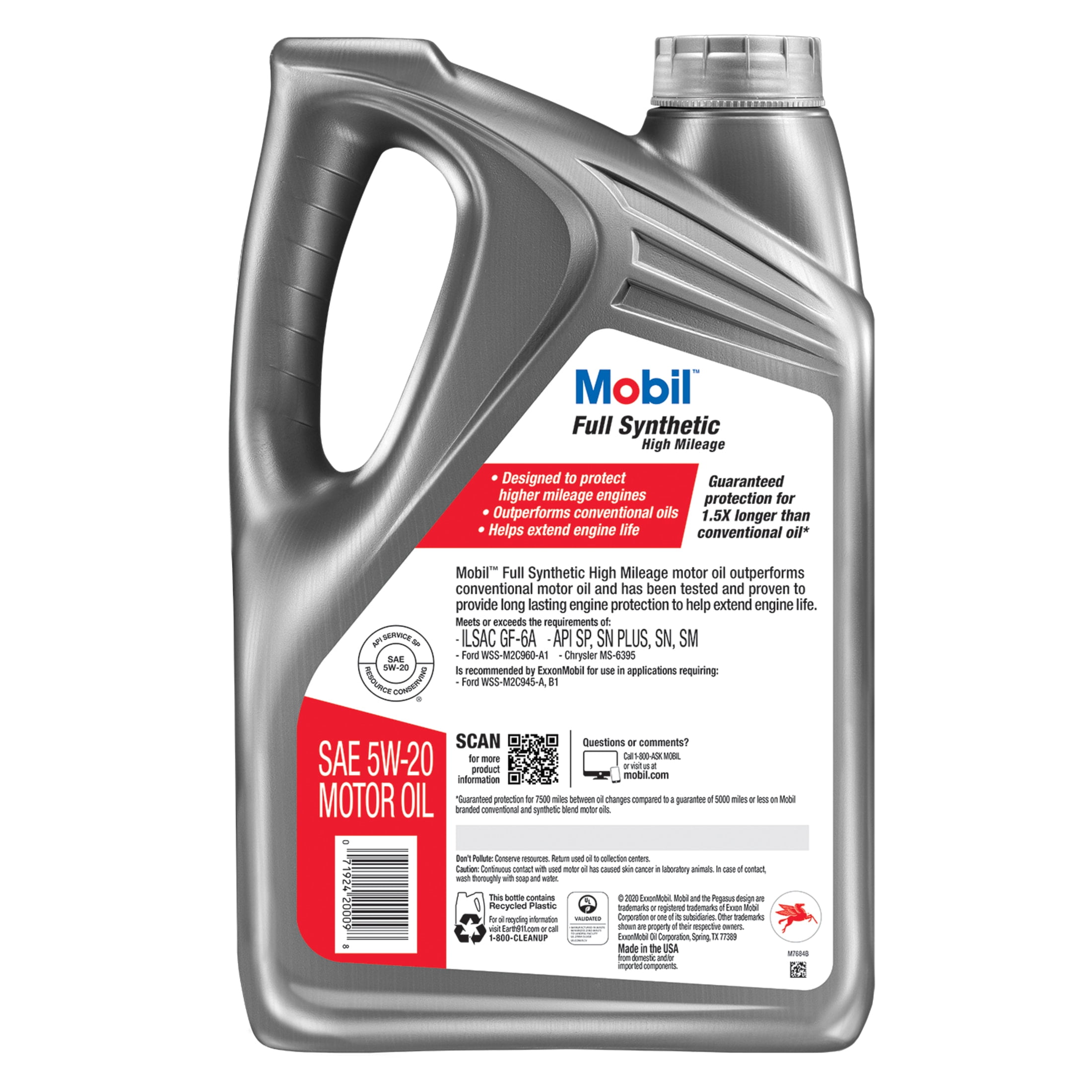 Mobil Full Synthetic High Mileage Motor Oil 5W-20, 5 Quart