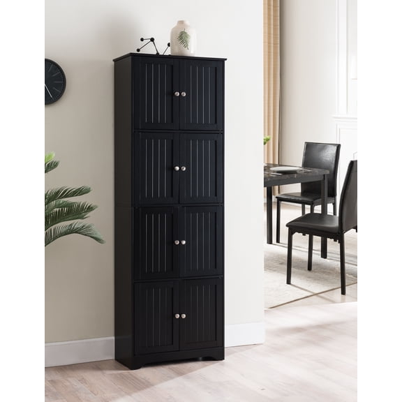 Burnham 4 Tier Contemporary Kitchen Pantry Storage Cabinet, Black Wood