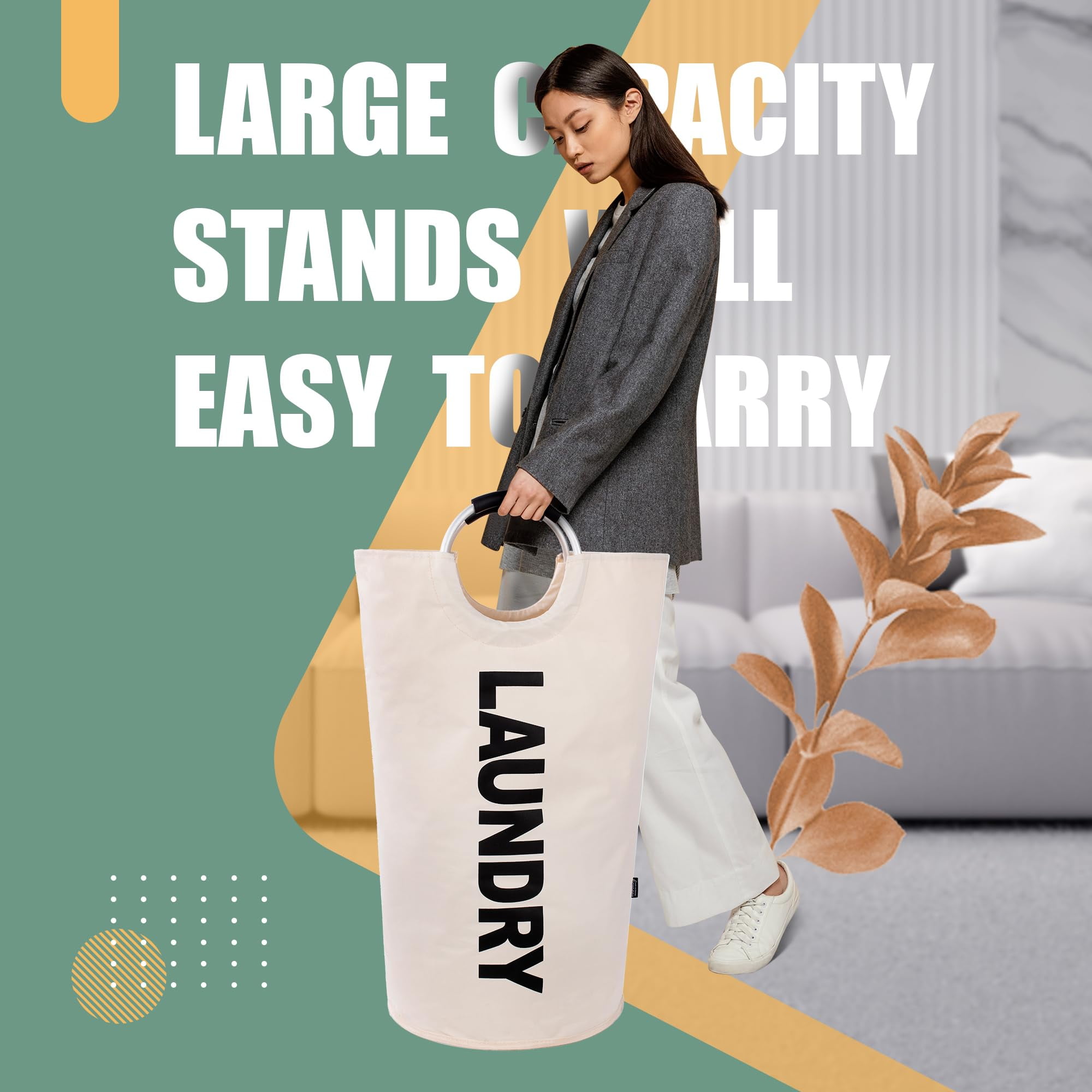 Caroeas 125L Laundry Basket ,Large Laundry Hamper, Laundry Bag with Padded Handles, Clothes Hamper Stands Up Well, Collapsible Free Standing Easy Storage Washing Bin (Beige)