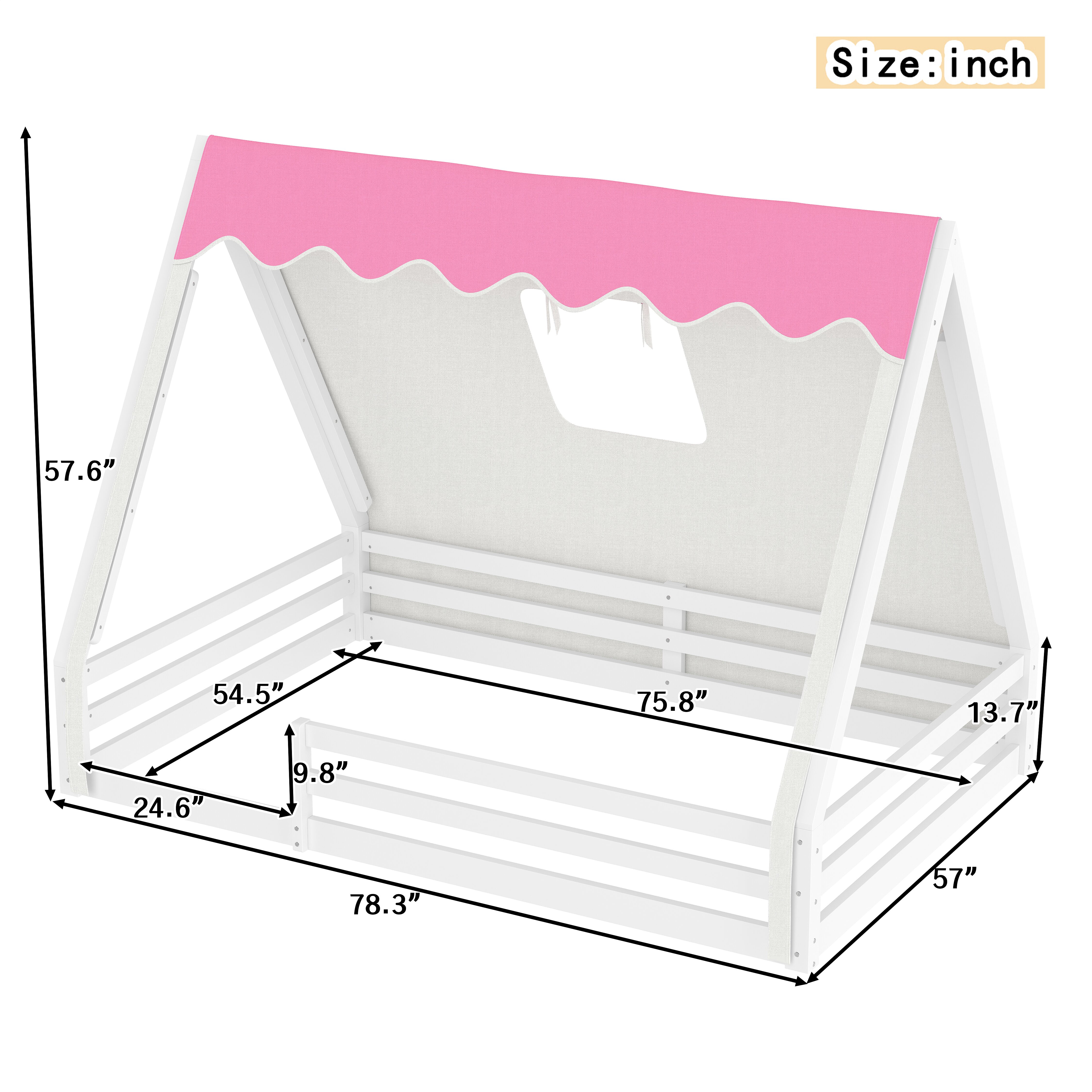 QZYeYun Full Size House Floor Bed with Tent and Light, Solid Wood Teepee Floor Bed with Full-length Guardrails, Montessori and Childlike Design (White-Pink)