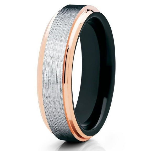 6mm Brushed Tungsten Carbide Wedding Band Rose Gold Stepped Edges Black Inlay Ring 10