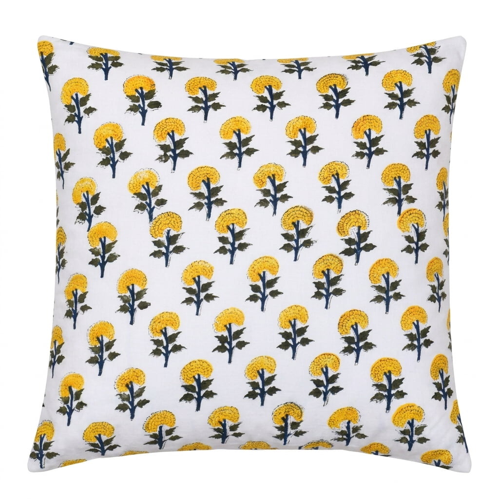 SHOPCREW Hand Block Printed Cotton Cushion Covers with Zipper Closure, Decorative Throw Pillow Covers for Sofa Couch Bed, 18x18 Inches, Pack of 2 - Golden Marigold Muse