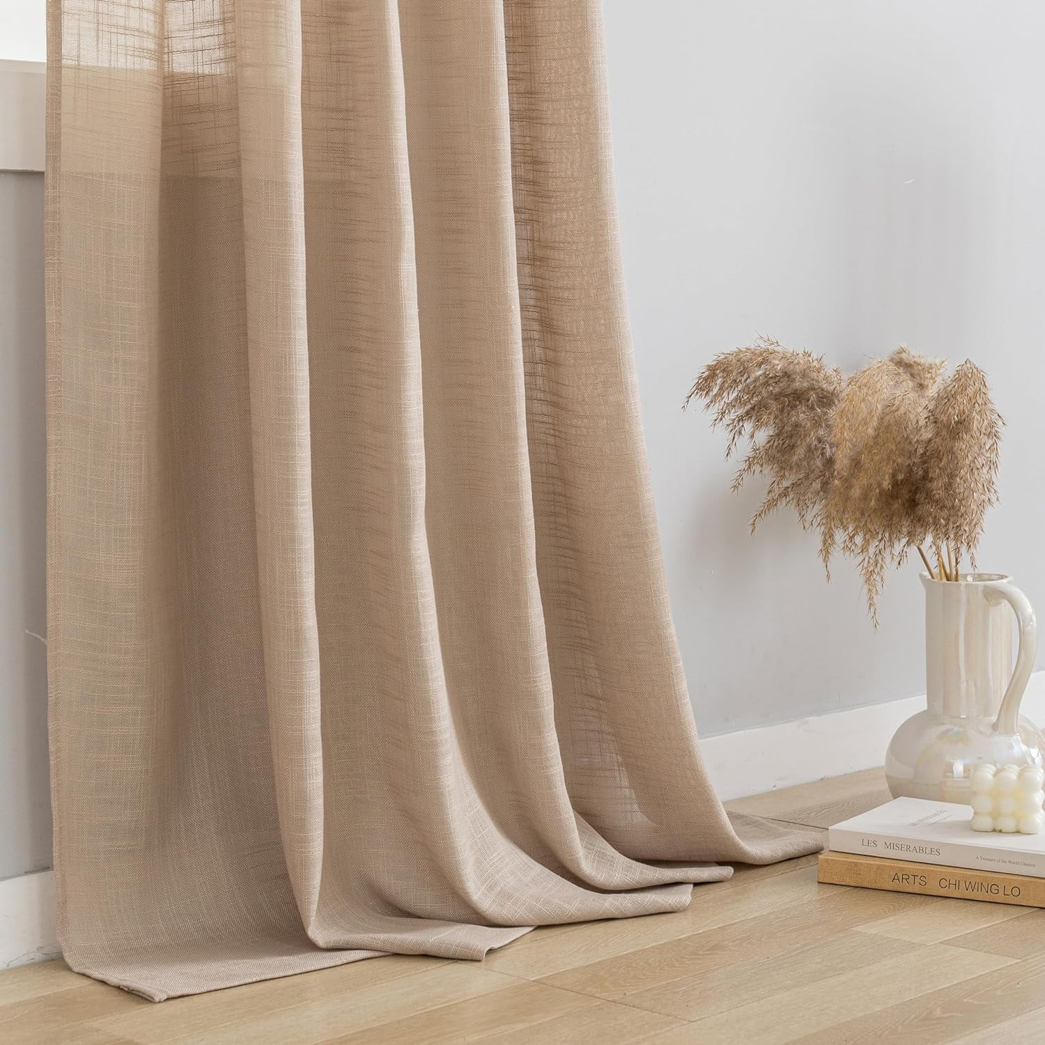 Bailu Linen Semi Sheer Curtains Tab Top Light Filtering Elegant Curtains & Drapes for Bedroom (Tan, W52 x L63, 2 Panels)