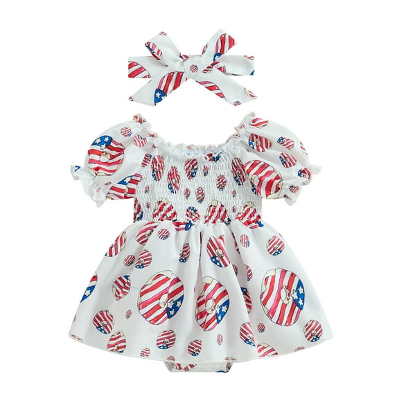 Aojekbee Newborn Girl Outfit, Short Sleeve Pleated Donut Print Bodysuit with Headband 4th of July Clothing