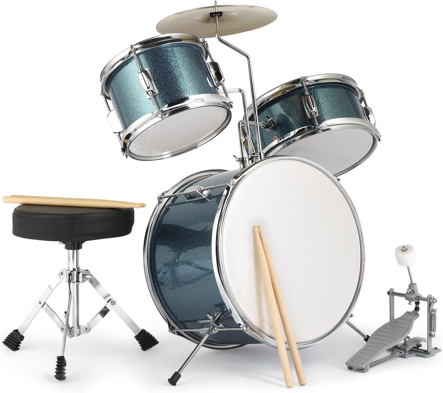 3-Piece Drum Set, 14 Inch Beginners Drums Kit with Throne Stool, Pedal & 2 Pairs of Drumsticks, Junior Drums Set Musical Instruments W/Cymbal, Tom, and Snare Drum (Red)