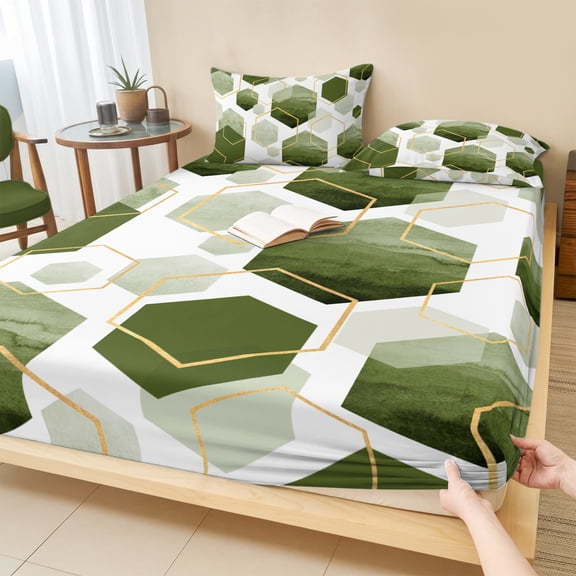 Full Size Fitted Sheet Set - Sage Green Marble 3 Piece Bedding Sets 16" Deep Pocket Fitted Sheet with 2 Pillowcases Gold White Geometric Hexagon Modern Brushed Microfiber Hotel Luxury Bed Sheets
