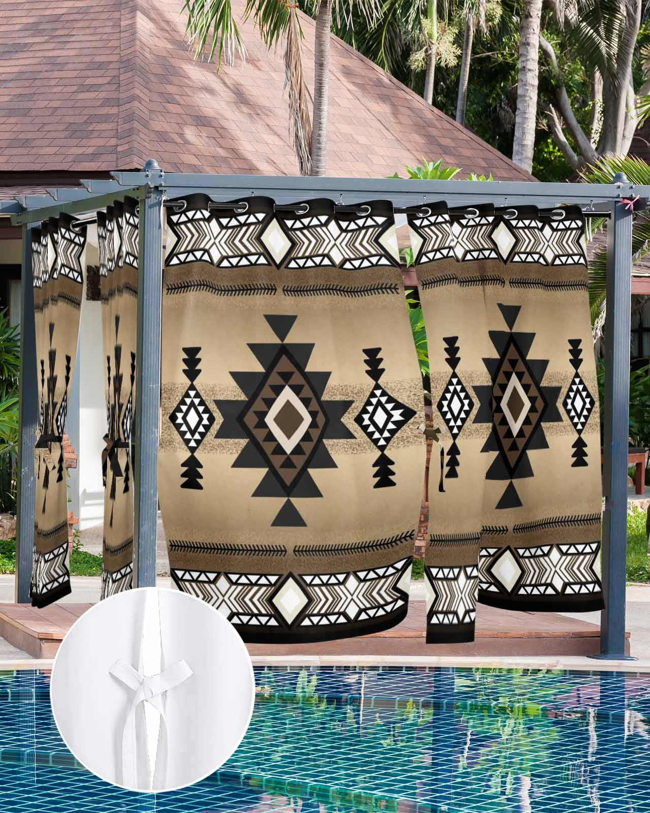 Brown Southwest Outdoor Curtains for Patio, Farmhouse Boho Aztec Geometric Neutral Privacy Drapes Grommet Waterproof Outside Curtains for Porch/Cabana/Balcony 54"x 108", 1 Panel