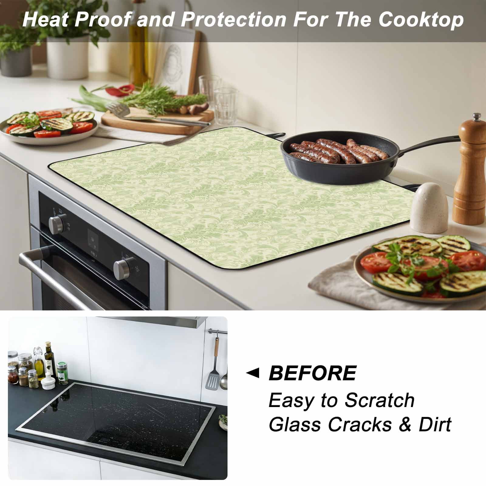 Yellow Baroque Stove Top Cover for Electric Stove, Heat-proof & Non Slip Glass Top Stove Cover Protector, Rustic Luxury Damask Scroll Floral Kitchen Flat Cooktop Rubber Mat 24x21 Inches