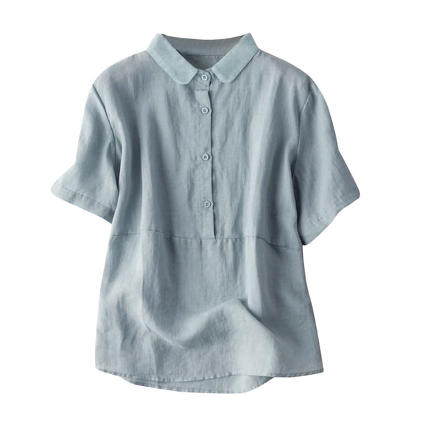 Camisa de mujer de lino con botones, manga corta y cuello redondo, top informal de algodón mezclado para la oficina, corte ajustado, temporada otoño, tallas M-XXXL