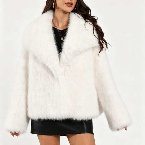 Womens Faux Fur Coat Lapel Open Front Fluffy Shaggy Jacket Winter Warm Furry Overcoat
