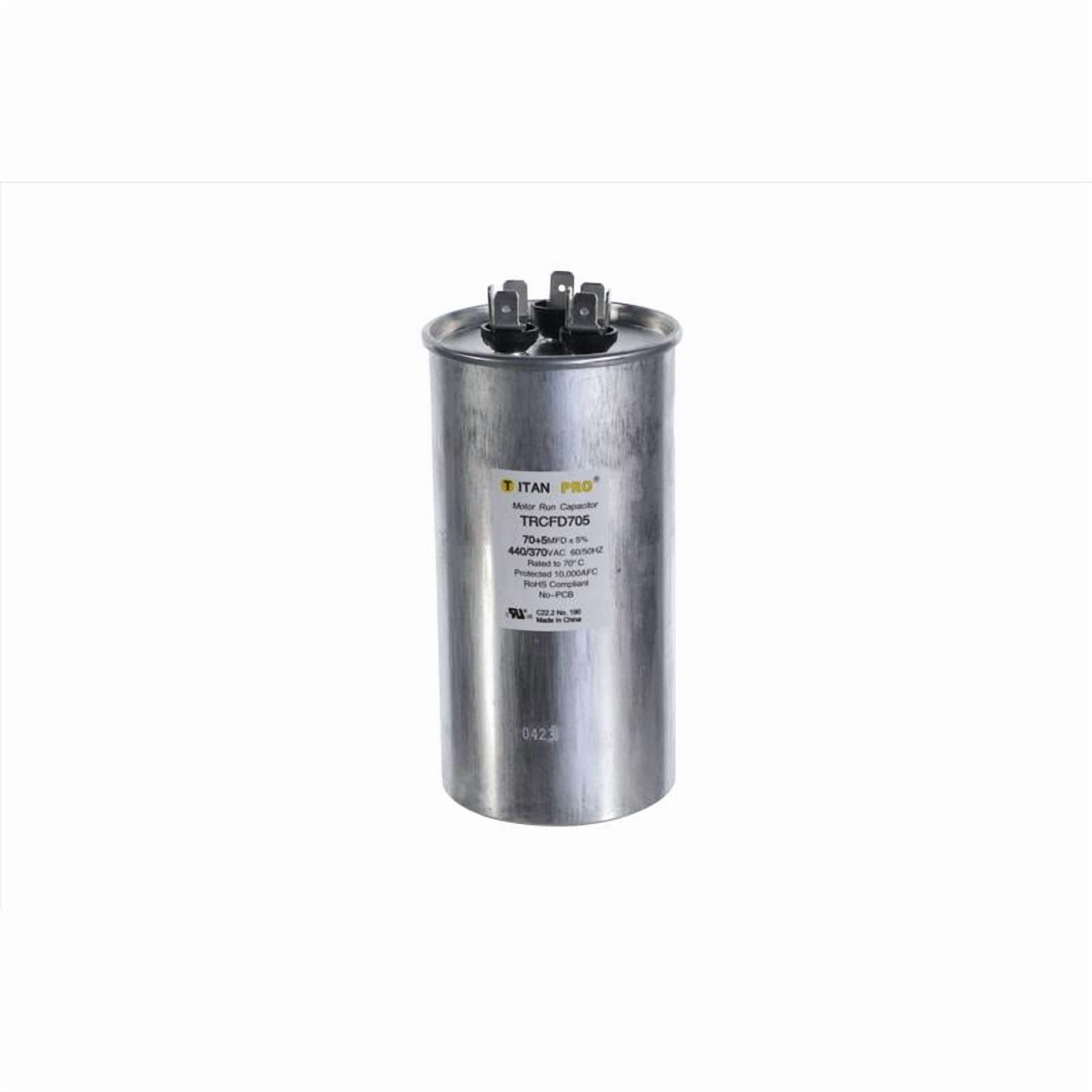 TitanPro Dual Motor TRCFD705 HVAC Round Run Capacitor, 70/5 MFD