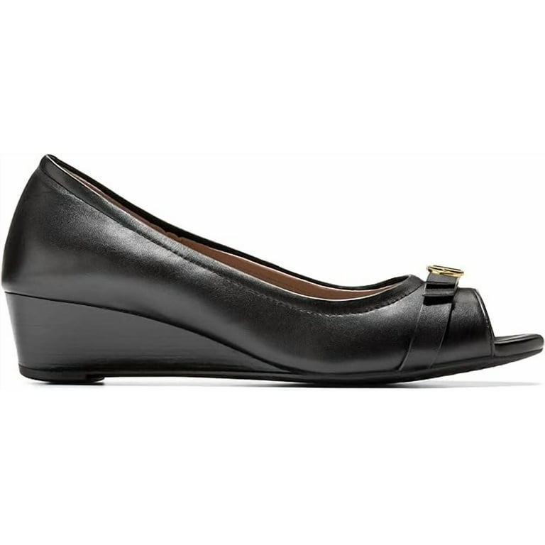 Cole Haan Women's Malta Peep Toe Wedge Pump, Black Leather, 7