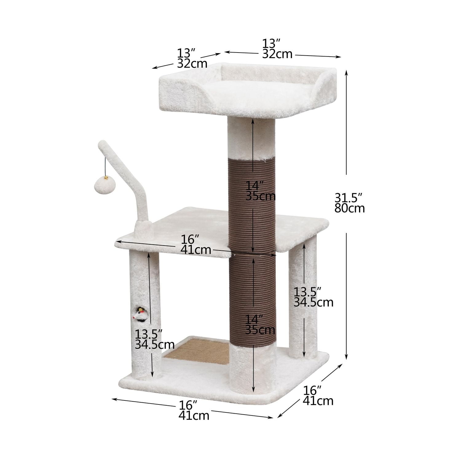 Vibrant Life 3-Level 31.5"Small Cat Tree with Top Perch, Paper Rope Scratching Post, Two Toys, Cream
