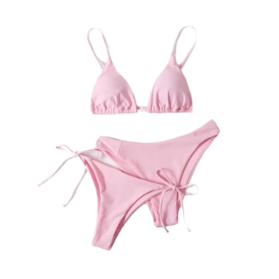 ZQUUVOU Women's Three Piece Bikini Set Solid Triangle Tie Back Tops with Bottom String Thong Tie Side Bathing Suits Pink