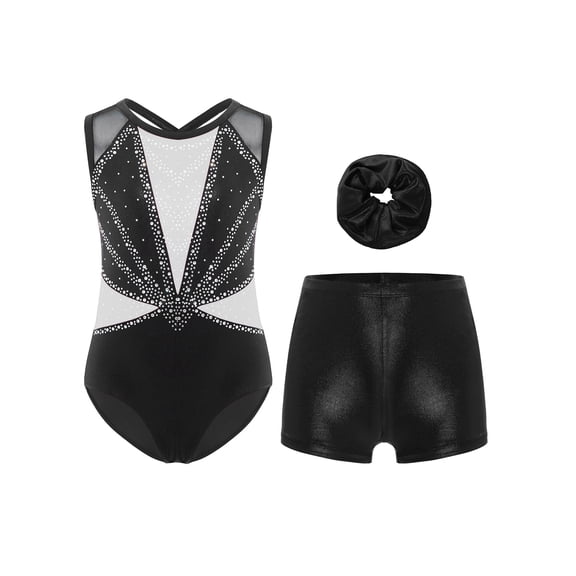 Doomiva Kids Girls Shiny Rhinestone Sleeveless Dancing Tumbling Tank Gymnastics Leotard and Shorts Hairband Set White&Black 12